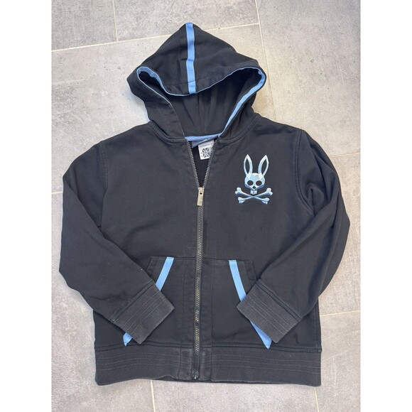 Psycho Bunny Hoodie Jacket Youth 10/12 Black Blue Skull Bunny Logo Sweatshirt